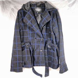 YMI Black & Blue Plaid Peacoat W Hoodie